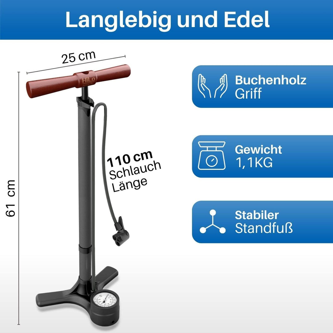 HiLo sports Fahrrad Standpumpe bis 11 bar - [Passt für alle Ventile] - Standluftpumpe mit Holz Griff