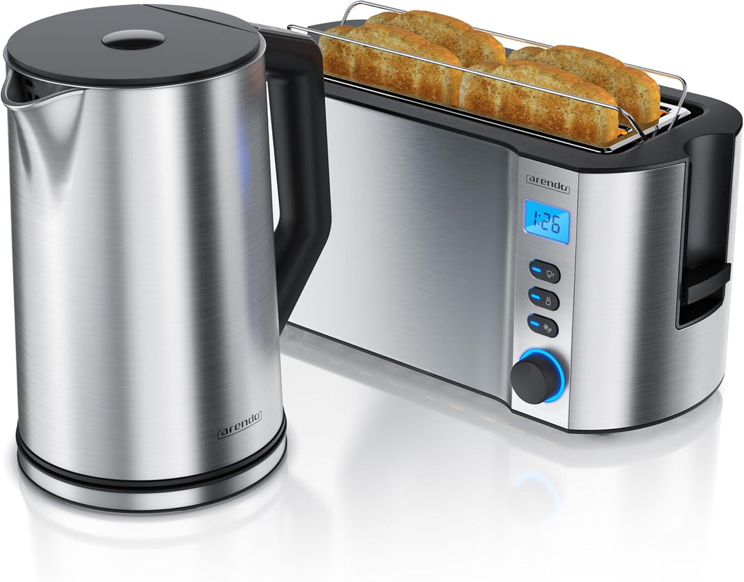 Arendo - Wasserkocher mit toaster SET Edelstahl Silber, Wasserkocher 1,5L, 40° - 100°C Warmhaltefunk