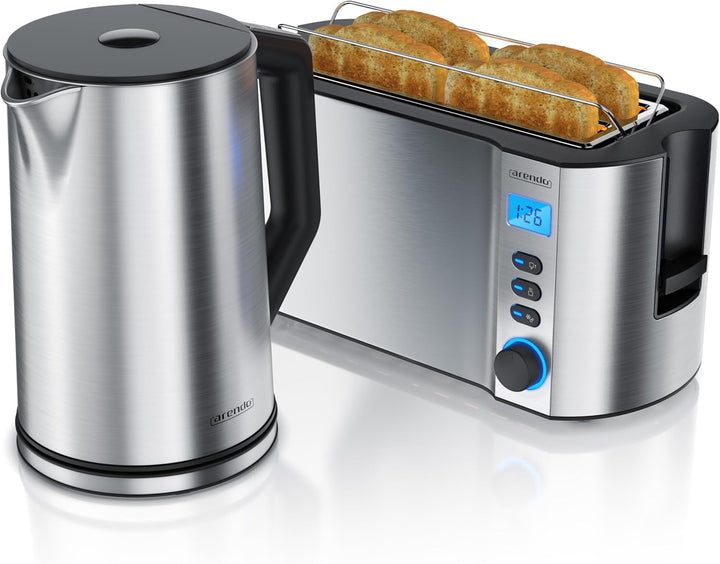 Arendo - Wasserkocher mit toaster SET Edelstahl Silber, Wasserkocher 1,5L, 40° - 100°C Warmhaltefunk