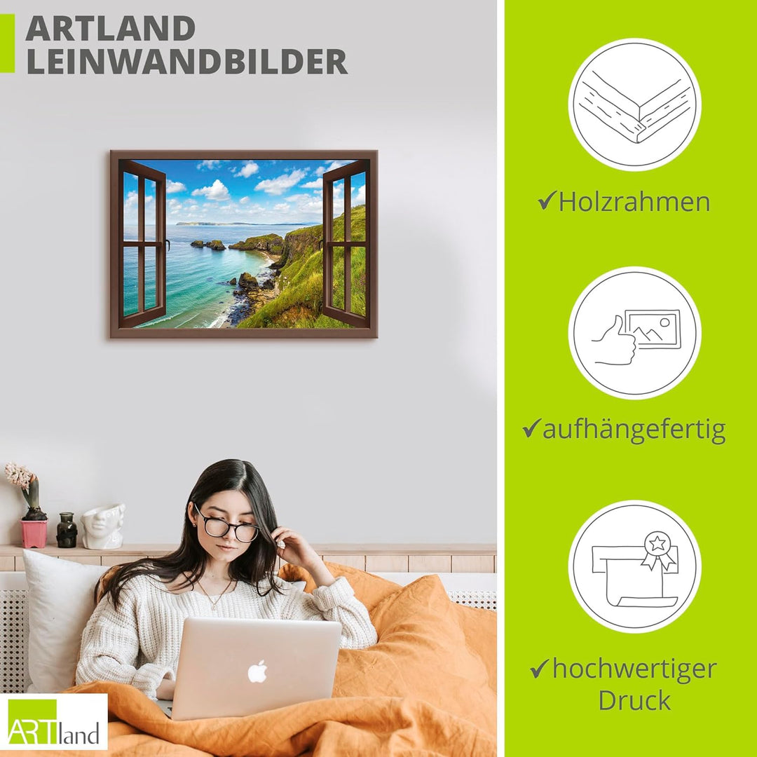 ARTland Leinwandbilder Wandbild Bild Leinwand 100x70 cm Querformat Fensterblick Landschaft Strand Me