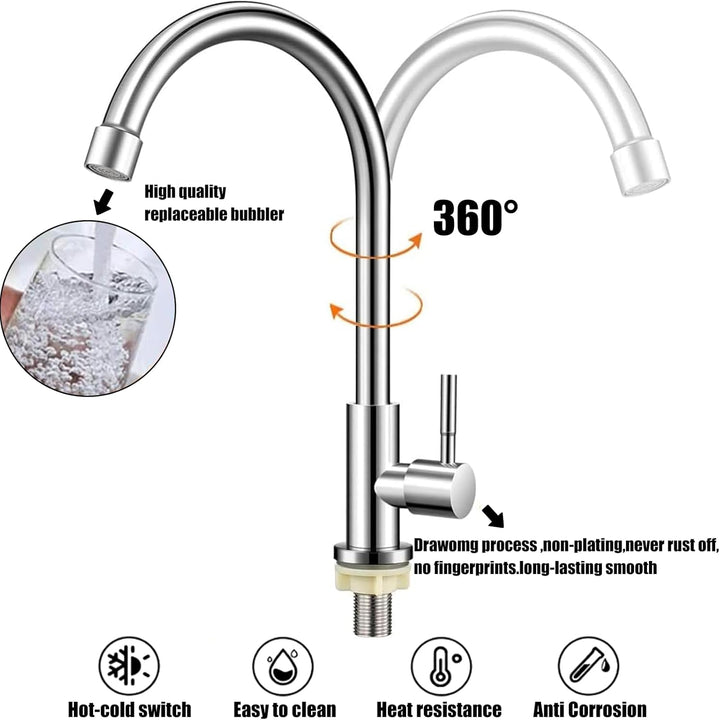 Wasserhahn Kaltwasser 360°Schwenkbar Wasserhahn aus Rostfreiem Stahl Abnehmbar Verdickter Messing Ba