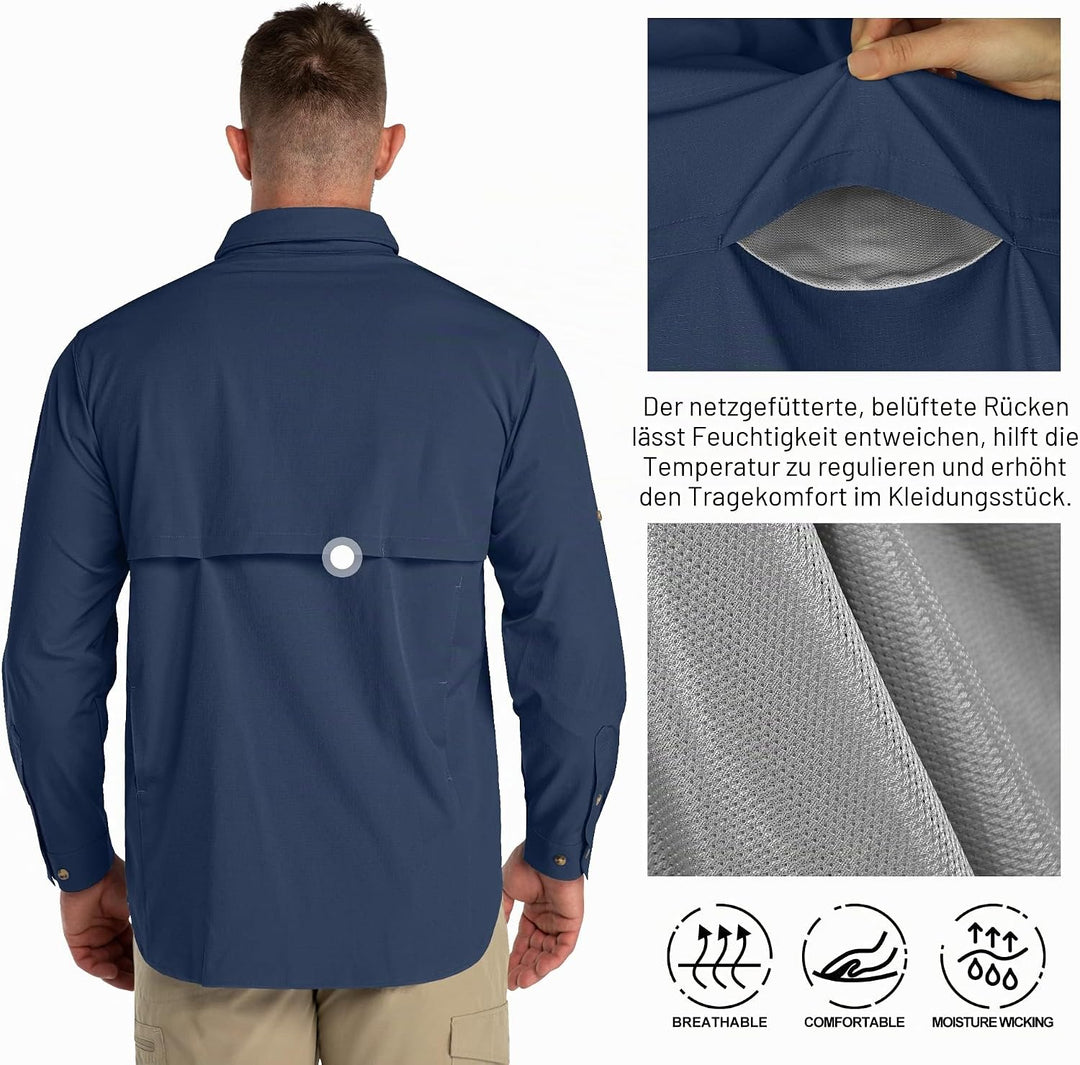33,000ft Safari Hemd Herren Langarm Sportshemd UPF50+ UV Schutz Funktionshemd Atmungsaktiv Button-Do