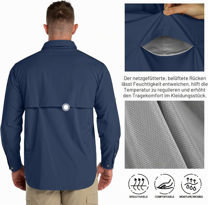 33,000ft Safari Hemd Herren Langarm Sportshemd UPF50+ UV Schutz Funktionshemd Atmungsaktiv Button-Do