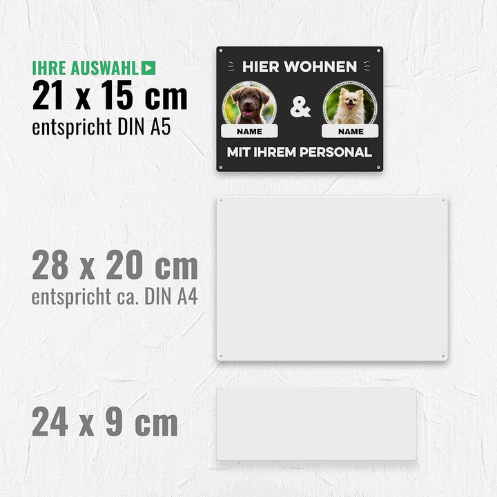 Hunde Schild personalisiert - Hier wohnt mit Personal - Metallschild mit Foto und Name für aussen, w