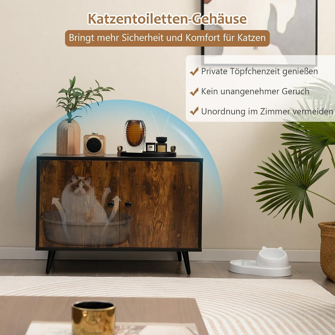 GOPLUS Katzenschrank, Katzenklo Schrank mit Doppeltüren, Trennwand und Katzenlöchern, Katzentoilette
