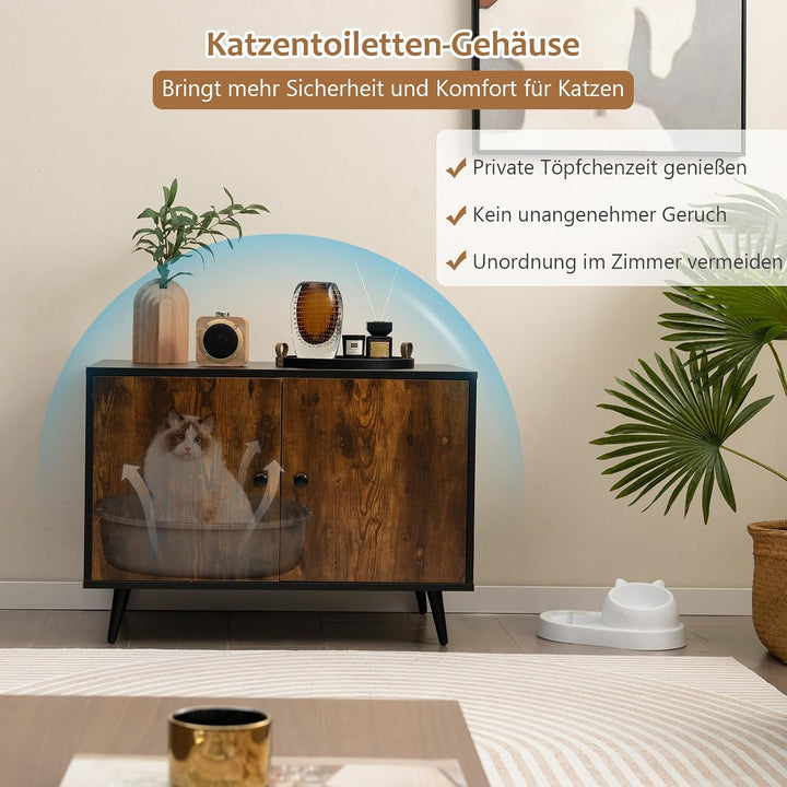 GOPLUS Katzenschrank, Katzenklo Schrank mit Doppeltüren, Trennwand und Katzenlöchern, Katzentoilette