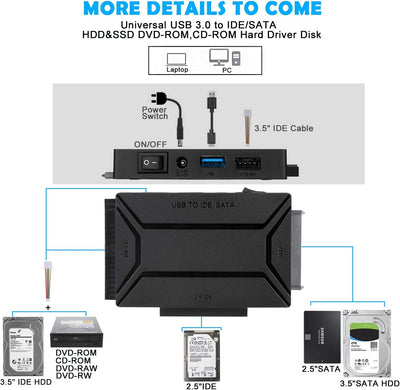 AGPTEK USB 3.0 zu IDE/SATA Konverter, Festplattenadapter mit Power-Schalter für 2.5"/3.5" SATA/IDE/S