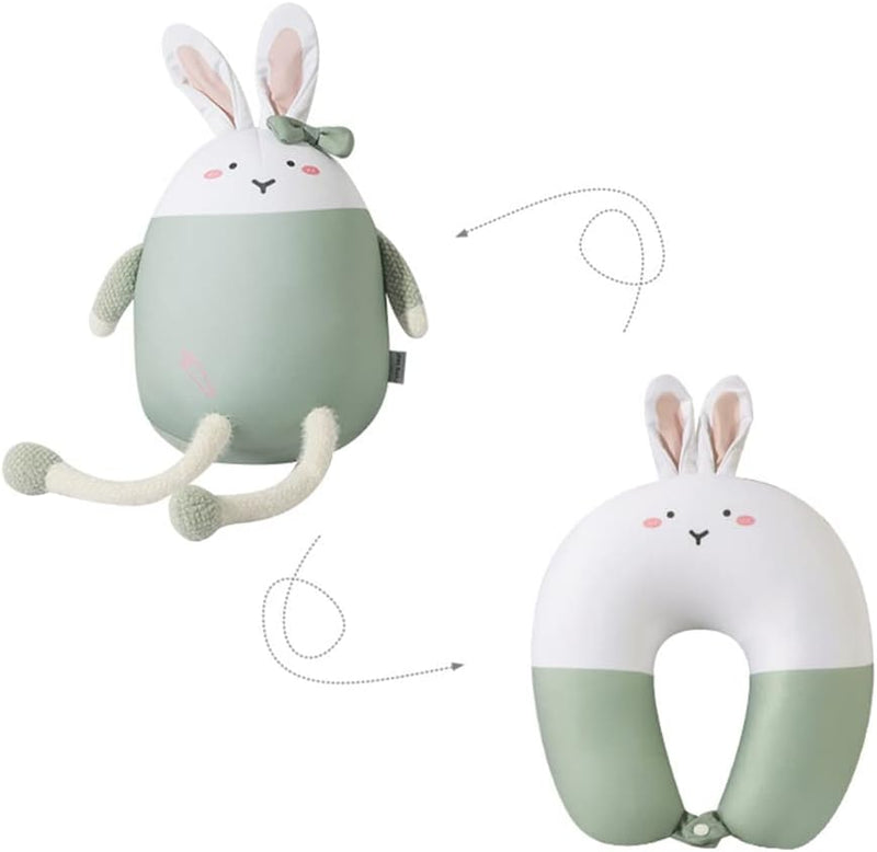 Fencelly 2-in-1 Reisekissen, niedliches Häschen-U-förmiges Nackenkissen mit Kaninchen-Puppe für Auto