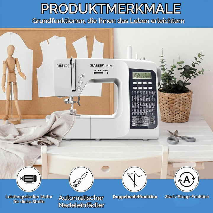 GLAESER Digitale Nähmaschine Home mia 500 300 Stich-Varianten Doppelnadel LED Display Einklappbarer