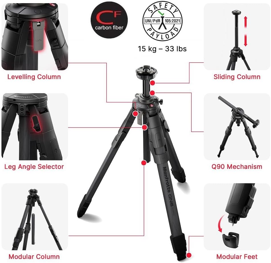 Manfrotto ONE Hybrid Carbon Stativ, Foto & Video Stativ, 15kg Traglast, Nivelliersäule, 90° Horizont