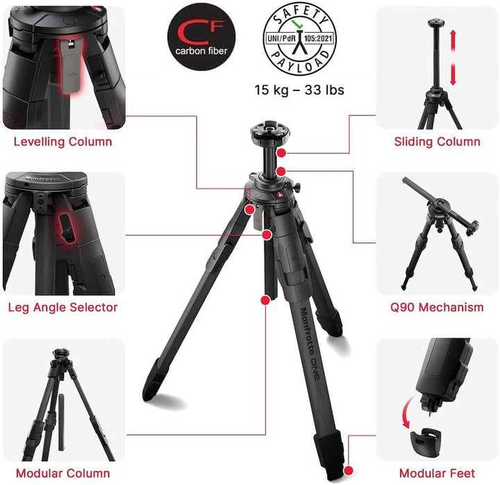 Manfrotto ONE Hybrid Carbon Stativ, Foto & Video Stativ, 15kg Traglast, Nivelliersäule, 90° Horizont