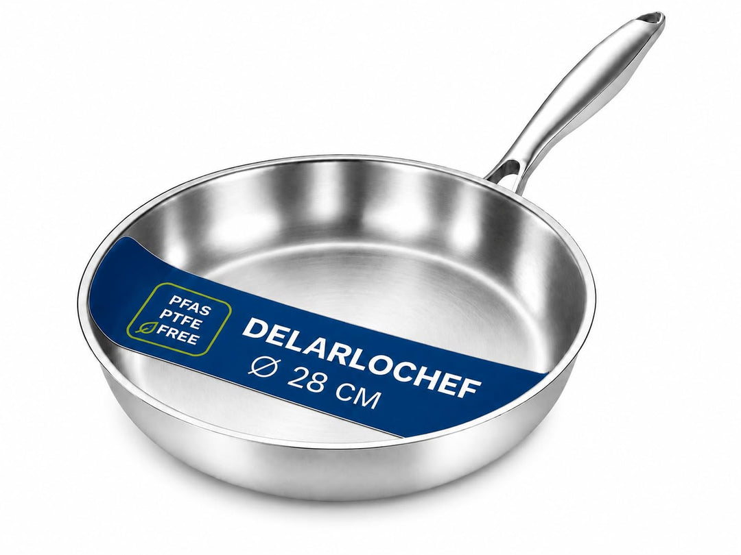 Edelstahlpfanne 28 cm, Unbeschichtete Bratpfanne für Induktion, Durchgehend 3-lagig (3 mm), Backofen