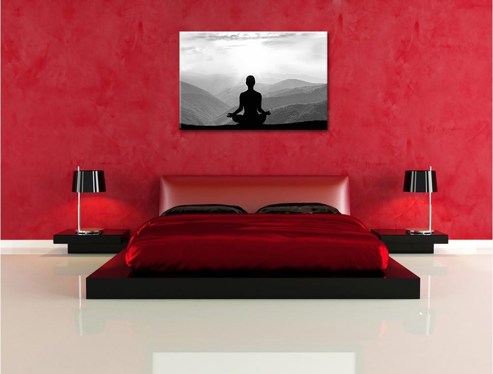 Pixxprint Meditierender Mensch in den Bergen Kunst B&W, Format: 100x70 auf Leinwand, XXL riesige Bil