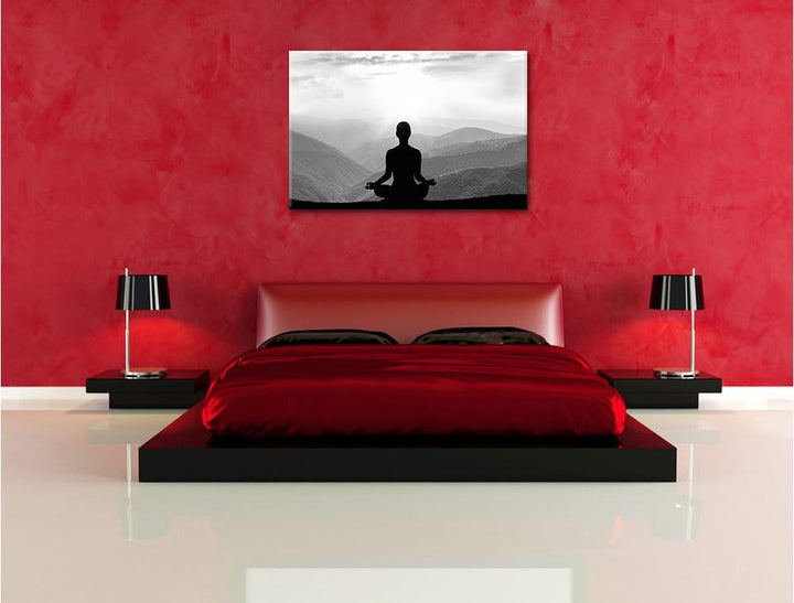 Pixxprint Meditierender Mensch in den Bergen Kunst B&W, Format: 100x70 auf Leinwand, XXL riesige Bil