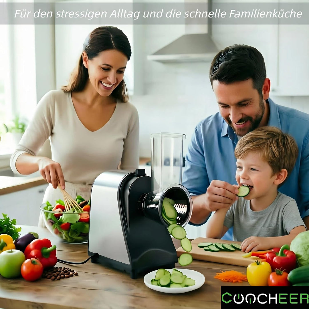 Elektrischer Gemüseschneider 5 in 1 &amp; Käsereibe 250W, Edelstahl | Kompaktes Schnitzelwerk für Salate