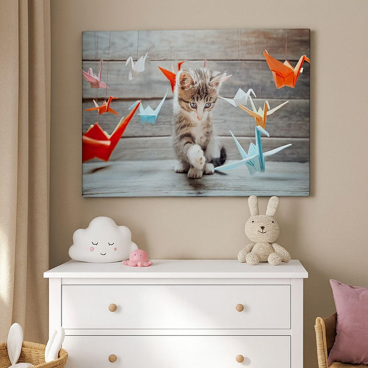 Bilder auf Leinwand Katze spass origami Leinwandbild mit Rahmen 70x50cm Wandbilder Dekoration Wohnzi