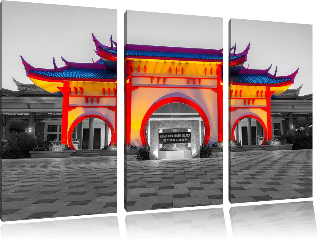Bunter chinesischer Tempel schwarz/weiss 3-Teiler Leinwandbild 120x80 Bild auf Leinwand, XXL riesige
