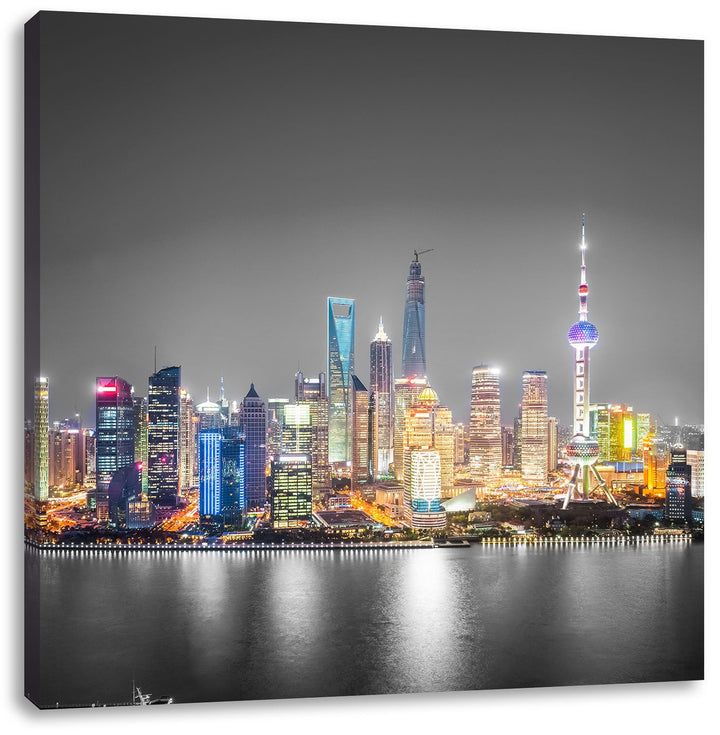 Pixxprint Shanghai Skyline bei Nacht schwarz/weiss, Format: 70x70 auf Leinwand, 70x70