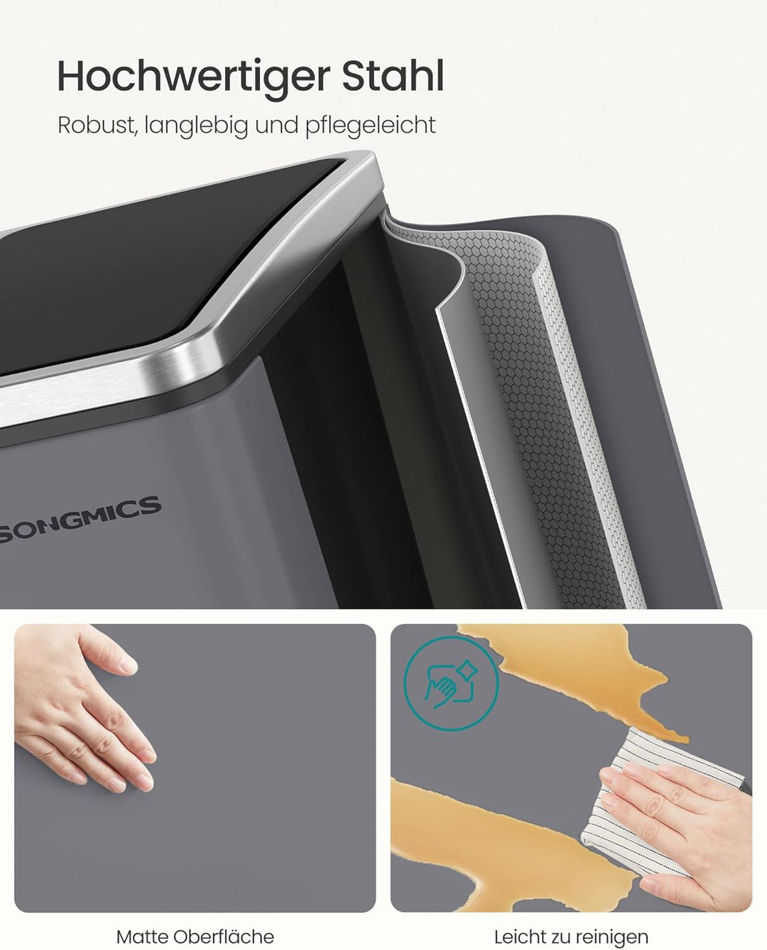 SONGMICS Mülleimer Küche, 3 x 18 L, Mülltrennsystem 3 Fächer, inklusive 15 Müllbeutel, Abfalleimer,