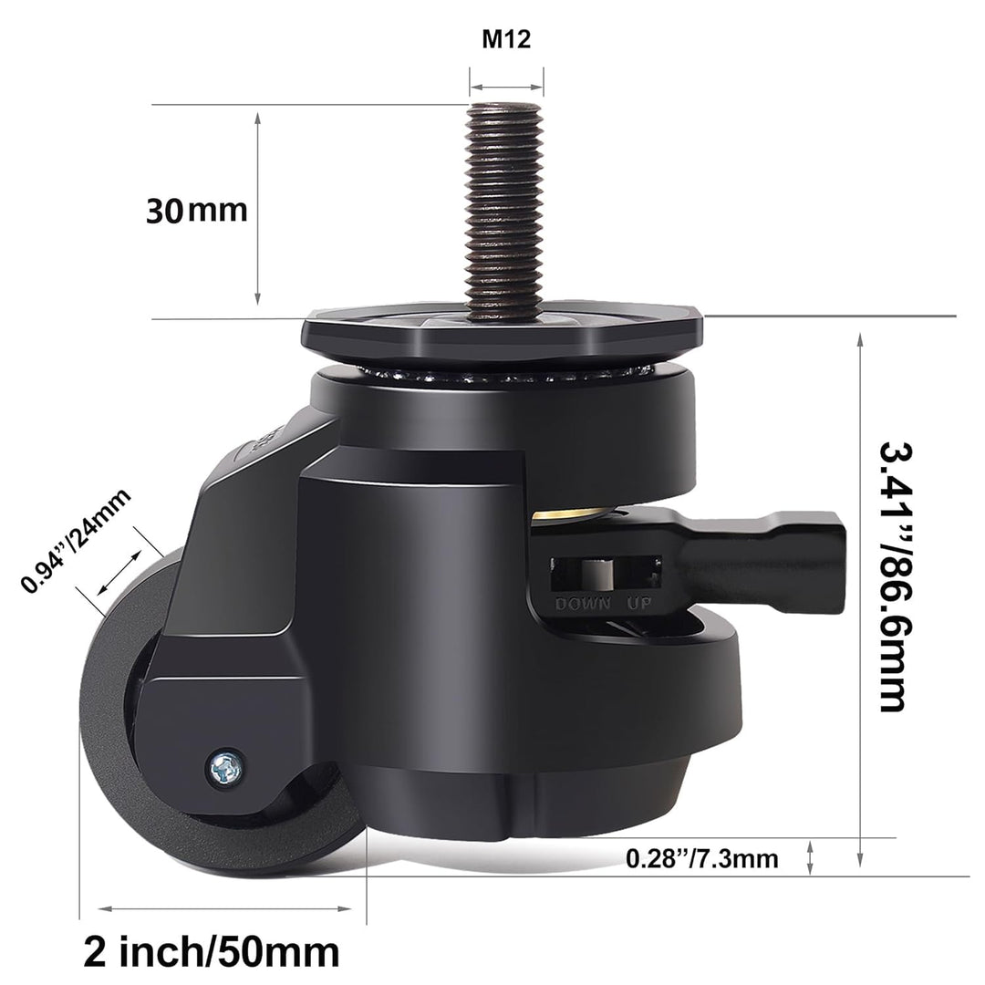 Schwerlastrollen M12X30mm mit Verstellbarem Ratschengriff, 4 Lenkrollen bis 1000kg, 50MM Einziehbare