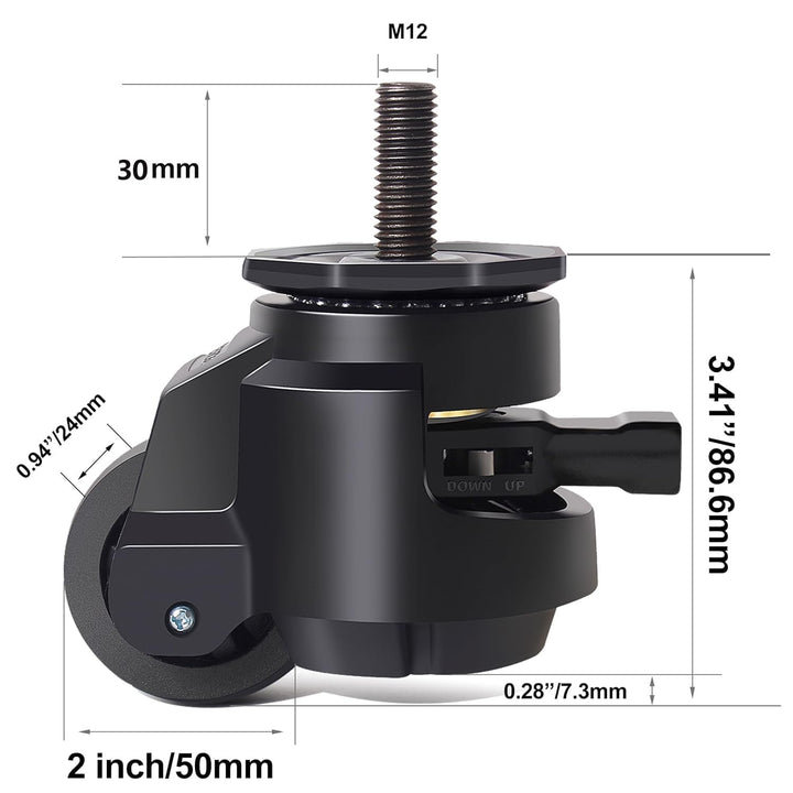 Schwerlastrollen M12X30mm mit Verstellbarem Ratschengriff, 4 Lenkrollen bis 1000kg, 50MM Einziehbare
