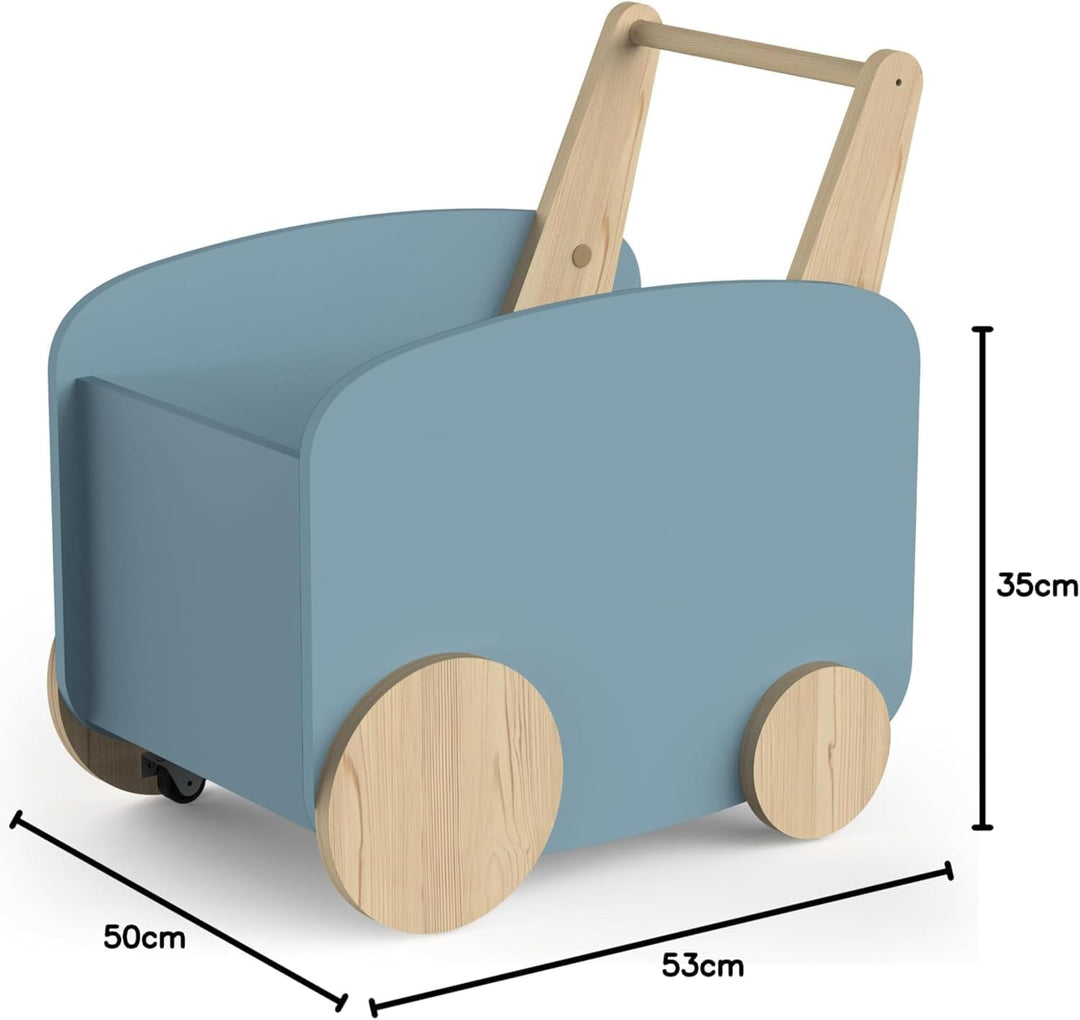 habeig Lauflernwagen, Spieltruhe, Spielzeugbox für Kinderzimmer, MDF &amp; Echtholz, 50x53x35 cm, Rollba