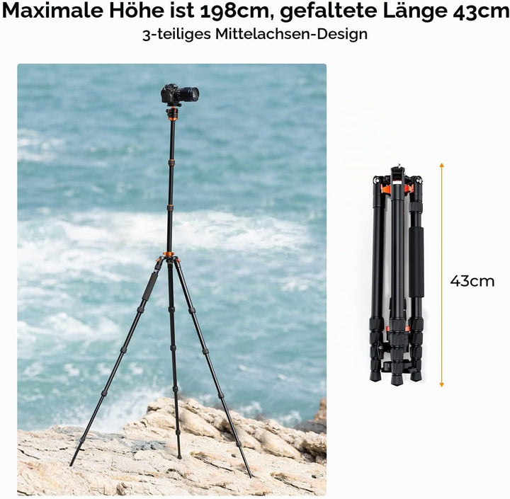 K&amp;F Concept 198cm Kamera Stativ，Aluminium Tripod, Stativ mit Monopod Funktion, 360° Panorama Kugelko