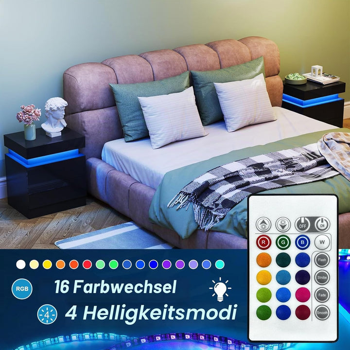 Lvhcmfohm Nachttisch Schwarz 2er Set, Nachtschrank mit Led Licht, Nachtkommode mit 2 Schubladen und