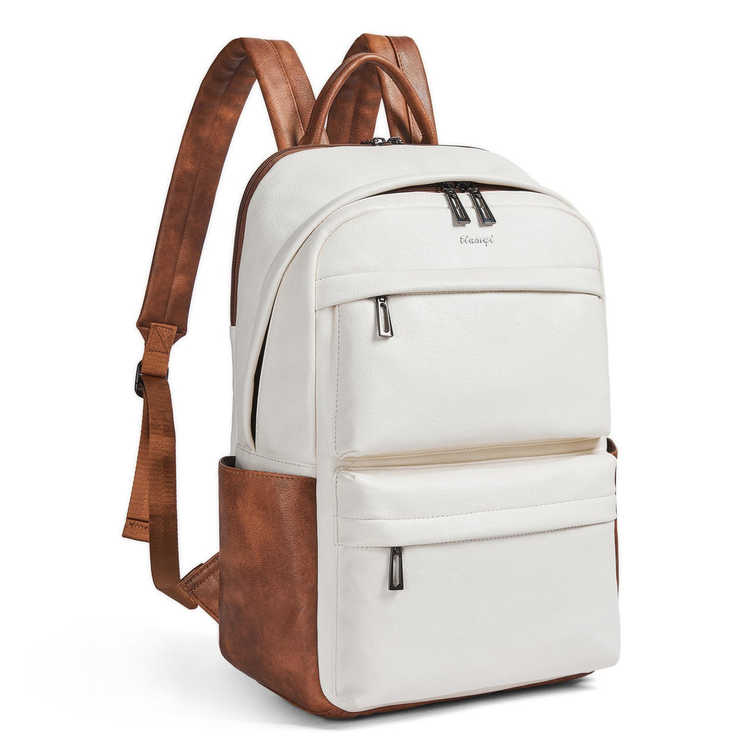 Veganer Lederrucksack für Damen und Herren, passend für 16,0 Zoll Laptop, Design mit vielen Fächern,