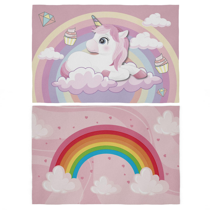 Tischsets für Snacks, Schule, Mädchen, 30 x 45 cm, Tischset aus Stoff, für Mädchen Einhorn und Regen