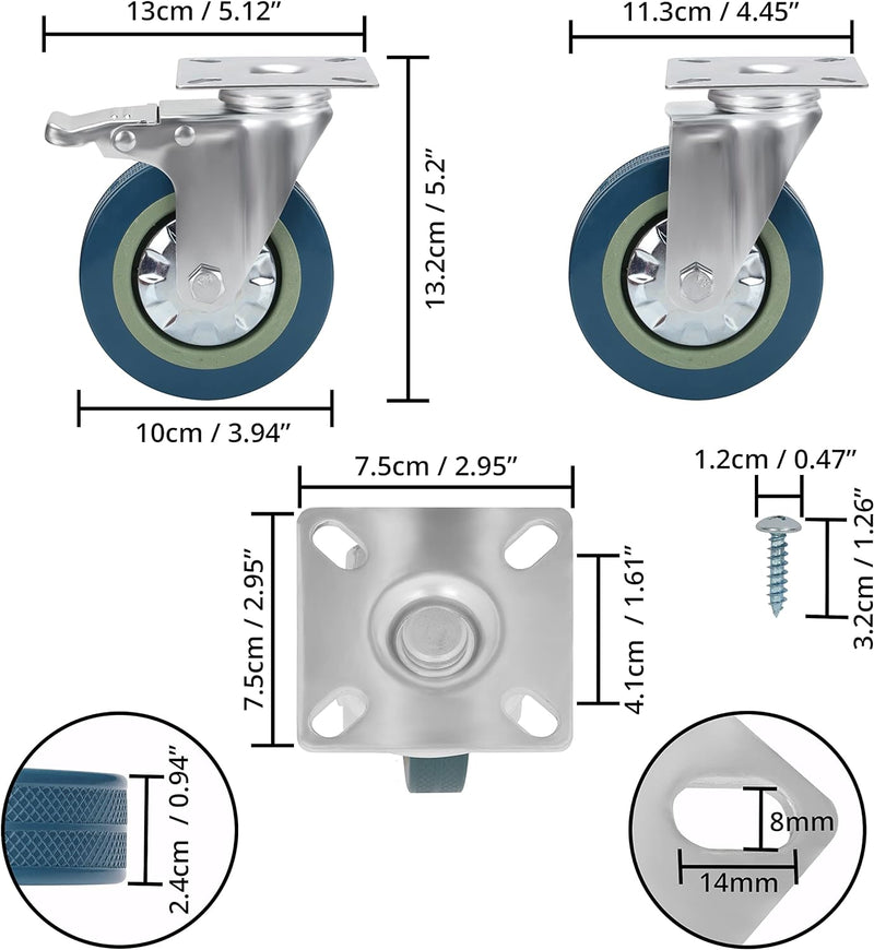 Kurtzy Lenkbare Rollen Schwerlast (4Stk) - 100mm Möbelrollen Gummi Feststellbare Rollen mit Bremse,