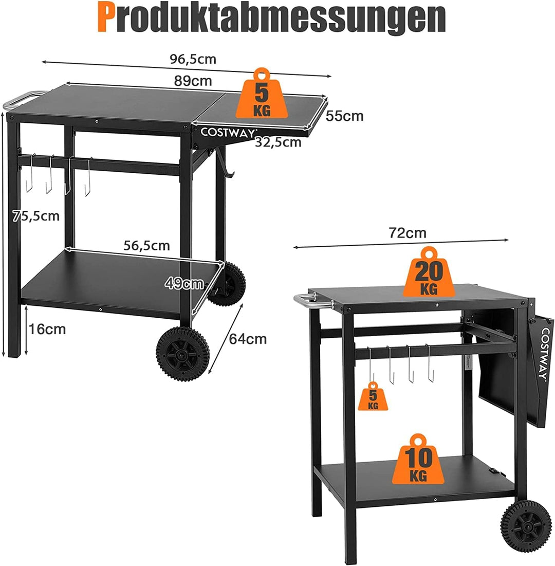 COSTWAY Grillwagen mit klappbarer Tischplatte, Beweglicher Campingtisch mit 2 Ablagen & 4 Haken, Met