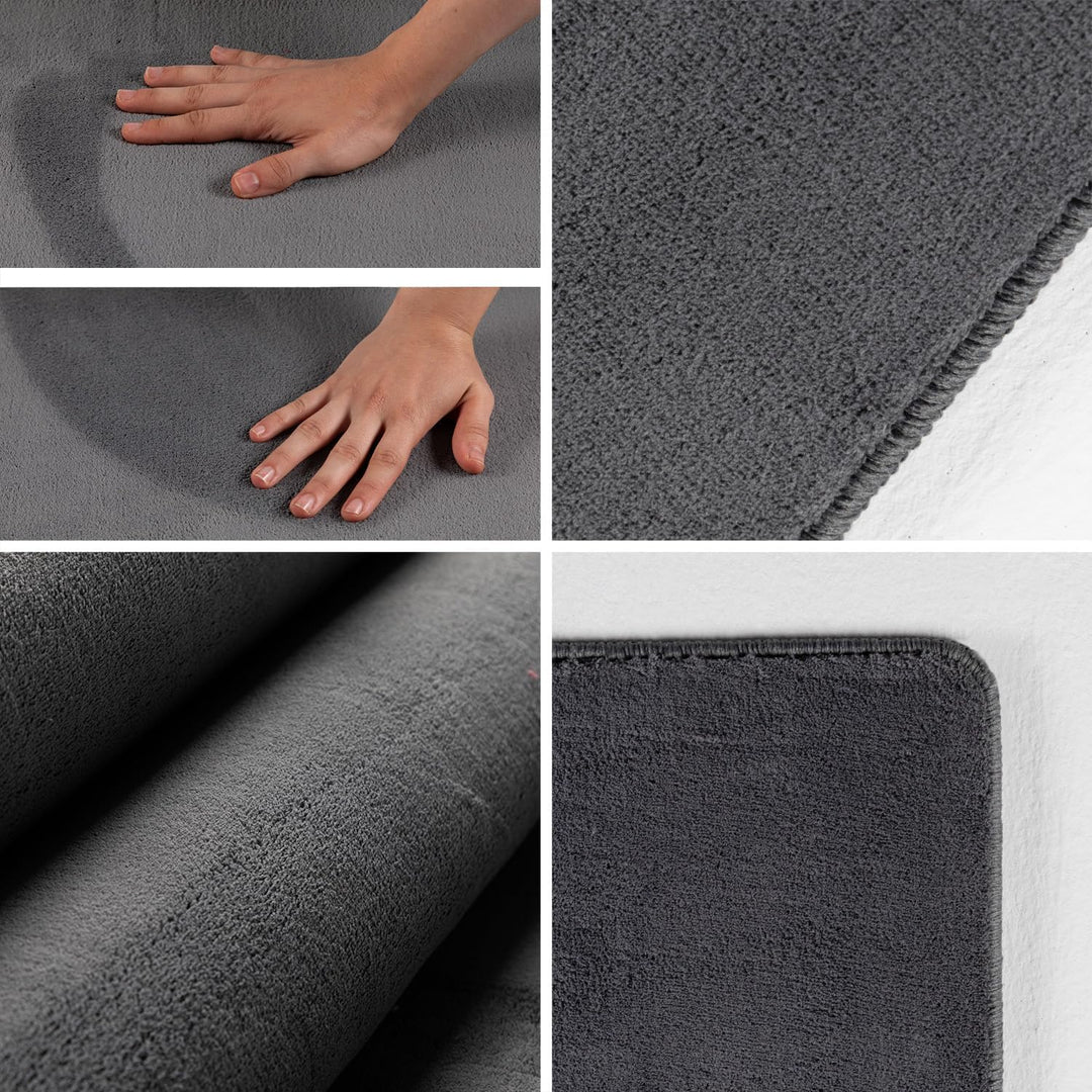 Waschbarer Teppich Wohnzimmer, Kurzflor rutschfest Flauschig Weich, Einfarbig Grau, Felloptik, Super