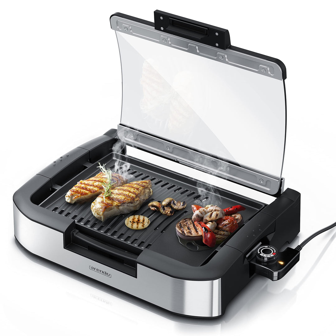 Arendo - Gourmet Tischgrill Elektrogrill Edelstahl - 1800 W - mit Glasabdeckung - für Balkon Garten