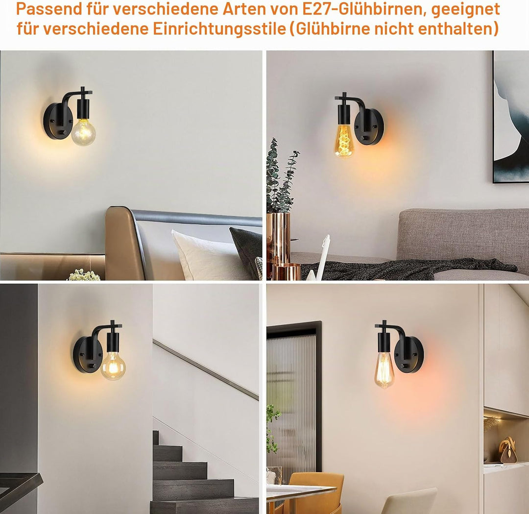 Lightess 2er Pack Industrielle Wandlampen Schwarze Wandleuchten mit dimmbarem Dimmerschalter Innen E