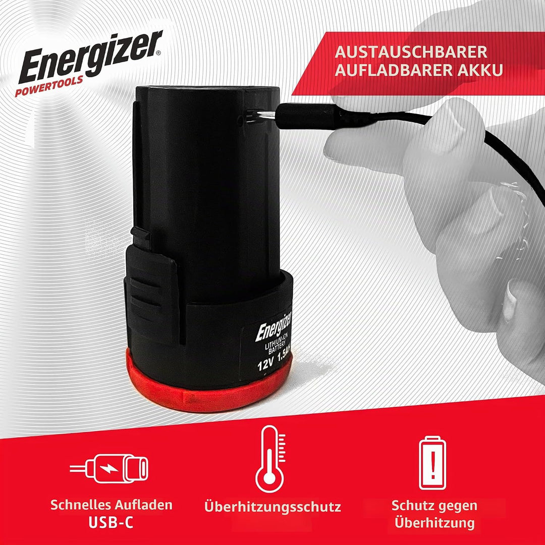 Energizer 12-V-Akkuschrauber – Eingebauter Akku – 25 Nm – 10-mm-Bohrfutter – 1,5 m USB-A/USB-C-Kabel