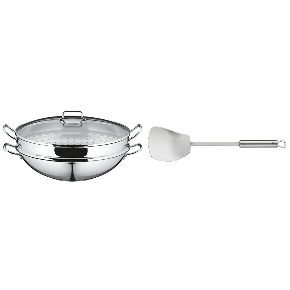 WMF Macao Wok-Set Induktion 4-teilig, Wok-Pfanne 36 cm mit Glasdeckel, Ablagegitter, Dämpfereinsatz