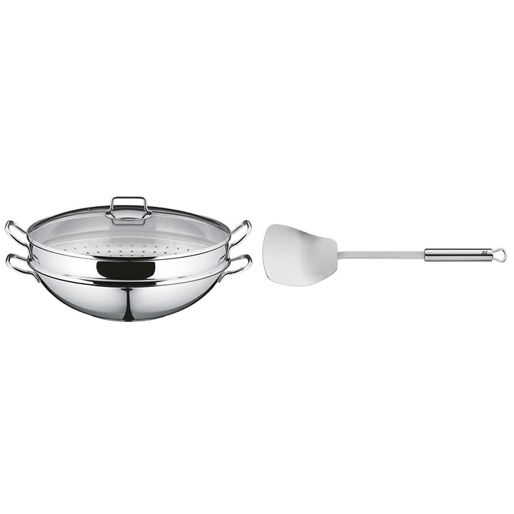 WMF Macao Wok-Set Induktion 4-teilig, Wok-Pfanne 36 cm mit Glasdeckel, Ablagegitter, Dämpfereinsatz