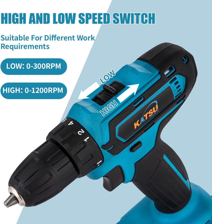 KATSU FIT-BAT 102623 Akku-Bohrschrauber, 21 V, 10 mm Schnellspannbohrfutter, 2 Gänge, LED-Licht, ide