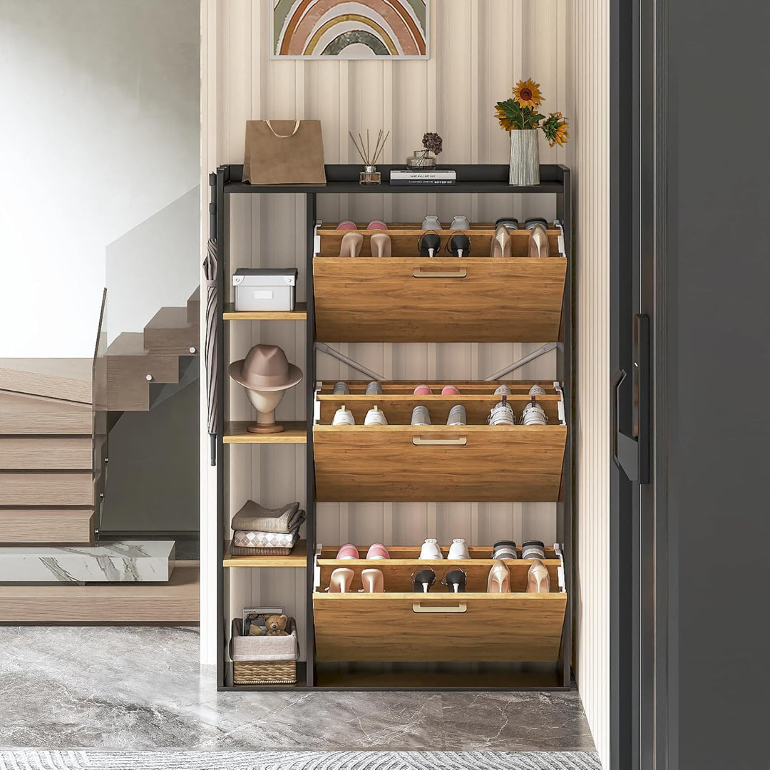 Schuhschrank mit 3 Klappen Schuhkipper Schmal Schuhschrank mit 3 Flip-Schuhregal und 4 Ablagefächer