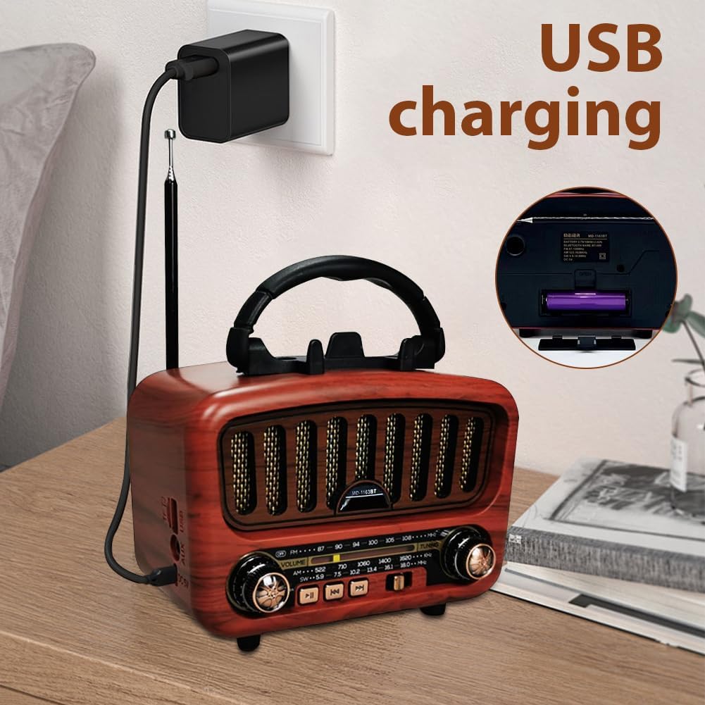 Retro Radio mit Bluetooth, Tragbares AM/FM/SW Radio mit Handyhalter, Nostalgie Klein mit 1800mAh Akk
