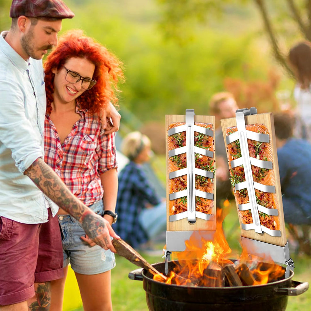 UISEBRT 2 x Flammlachsbrett - Flammlachsbretter mit Edelstahl-Halterung Lachsbretter zum Grillen, 5