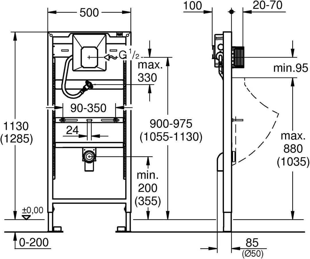 GROHE Rapid SL - Element für Urinal mit Grohe Rapido U (1,13 m und 1,3 m Bauhöhe, komplett vormontie