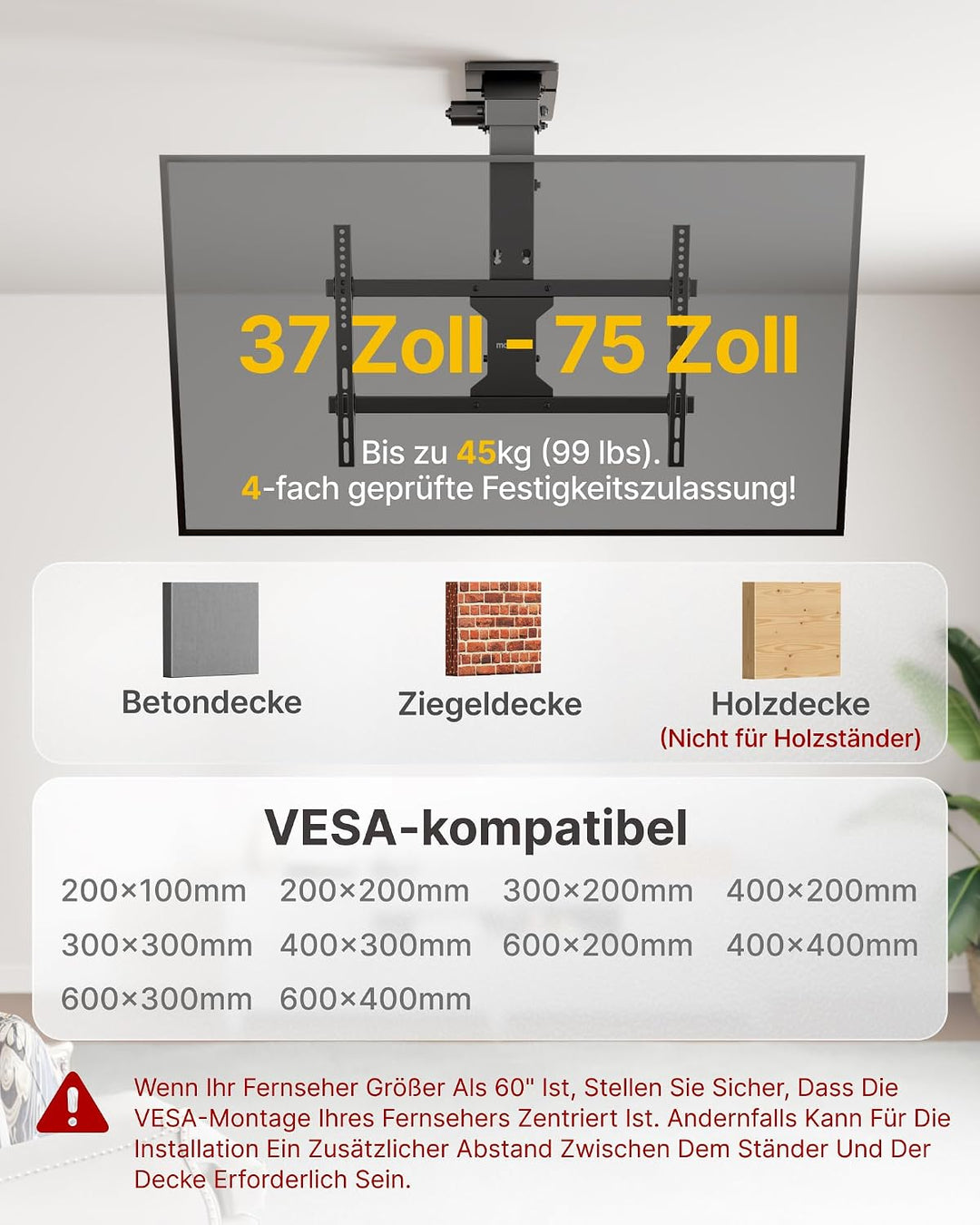 monTEK TV Deckenhalterung Elektrisch für 37-75 Zoll Fernseher, Elektrische TV Halterung Motorisiert
