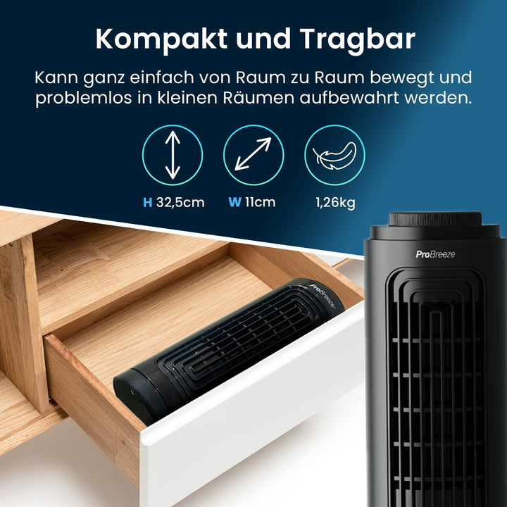 Pro Breeze Mini Tischventilator mit 3 Lüftungsstufen und automatischer 70° Oszillation - Kleiner Tur