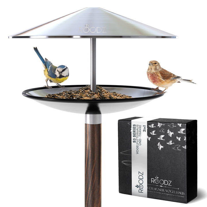 ROODZ Vogelhaus und Vogeltränke 2in1 mit Ständer Wetterfest, aus Rostfreiem Edelstahl, Designer-Voge