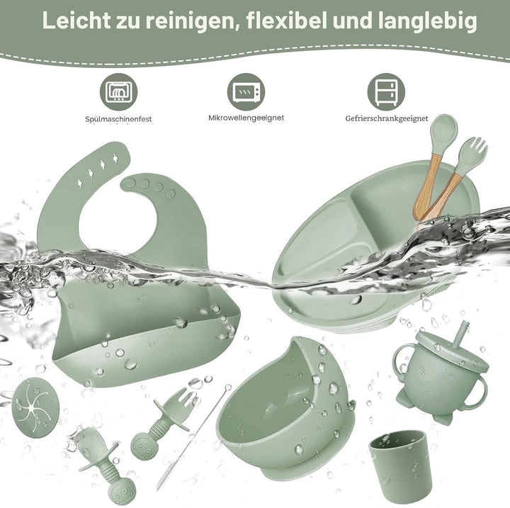 Baby Geschirrset,12er Set Kindergeschirr, Babylöffel,Trinklernbecher,Silikon Lätzchen,Baby Teller Ki