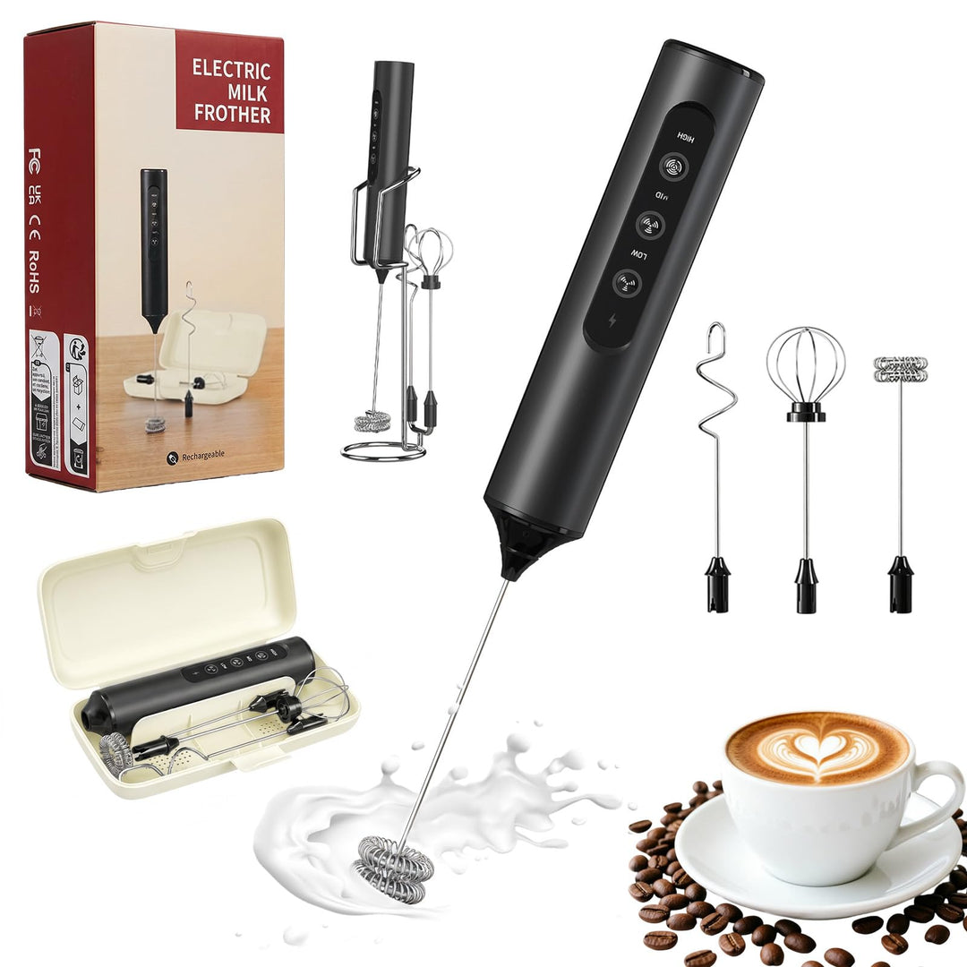 Elektrischer Milchaufschäumer Stab,TYPE-C Wiederaufladbar | 3 Geschwindigkeiten mit 3 Mixköpfen Inkl