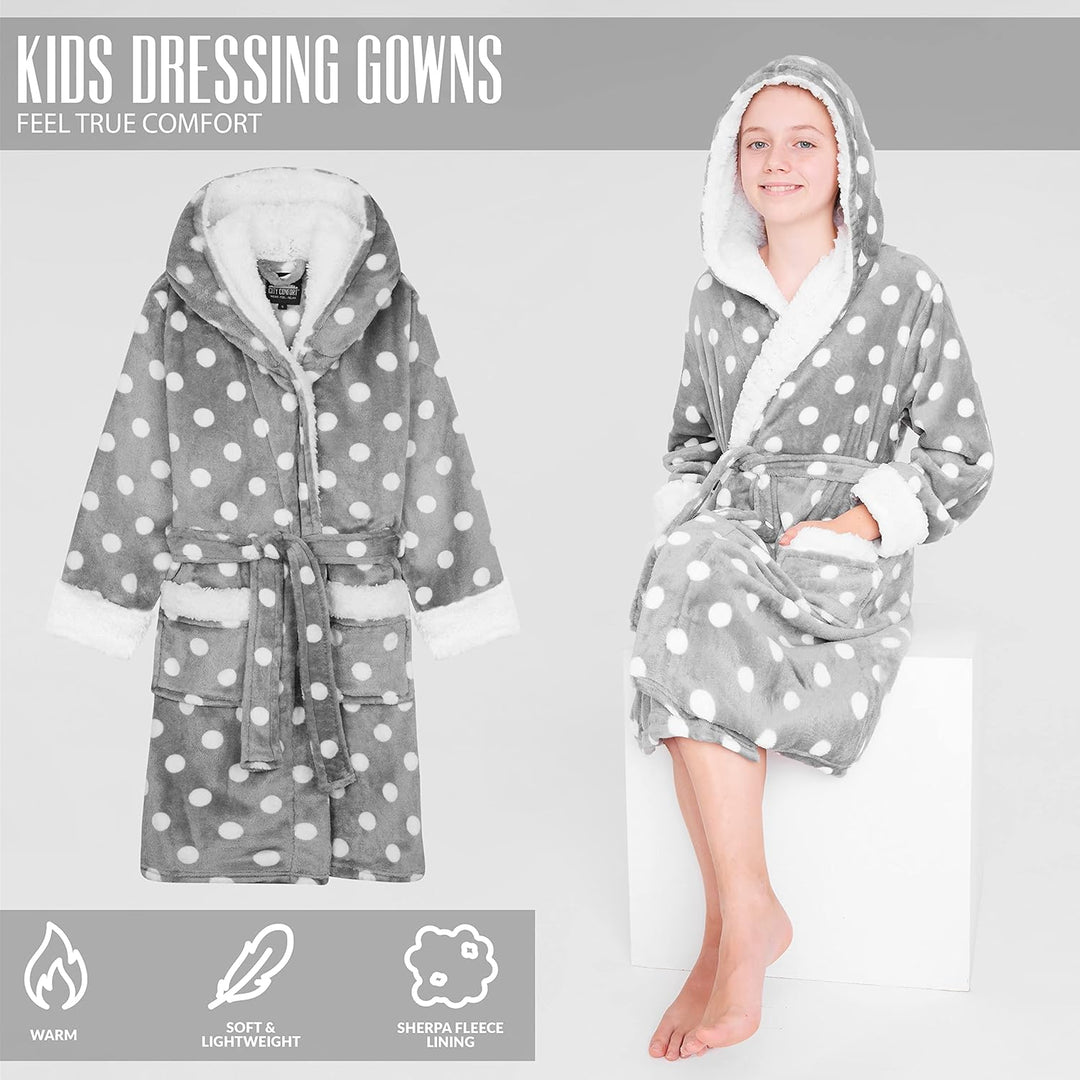 CityComfort Bademantel Kinder Mädchen, Fleece Morgenmantel Kinder Dressing Gown mit Punkten, Grau