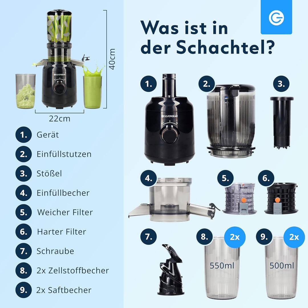 Silvergear® Entsafter | für Obst- und Gemüsesäfte | Saftpresse Elektrisch Leistungsstarker Motor mit